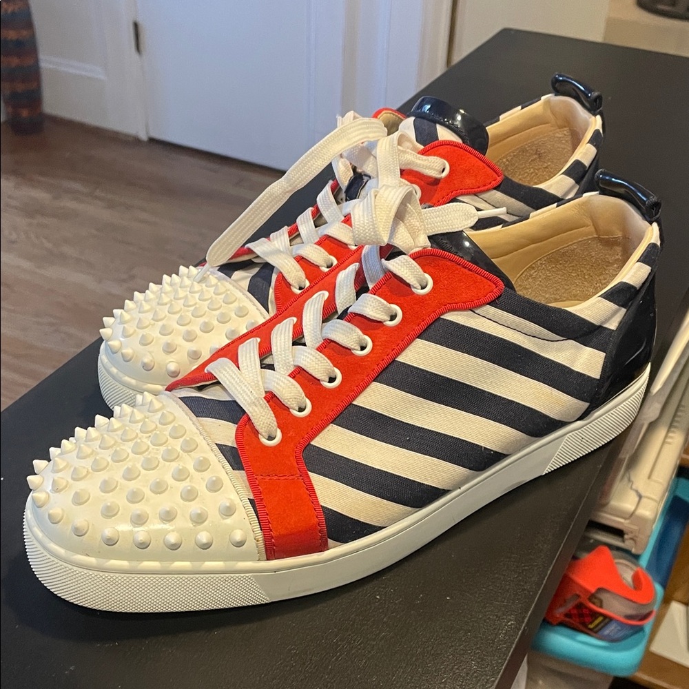 Christian Louboutin Red and Navy Striped Sneakers